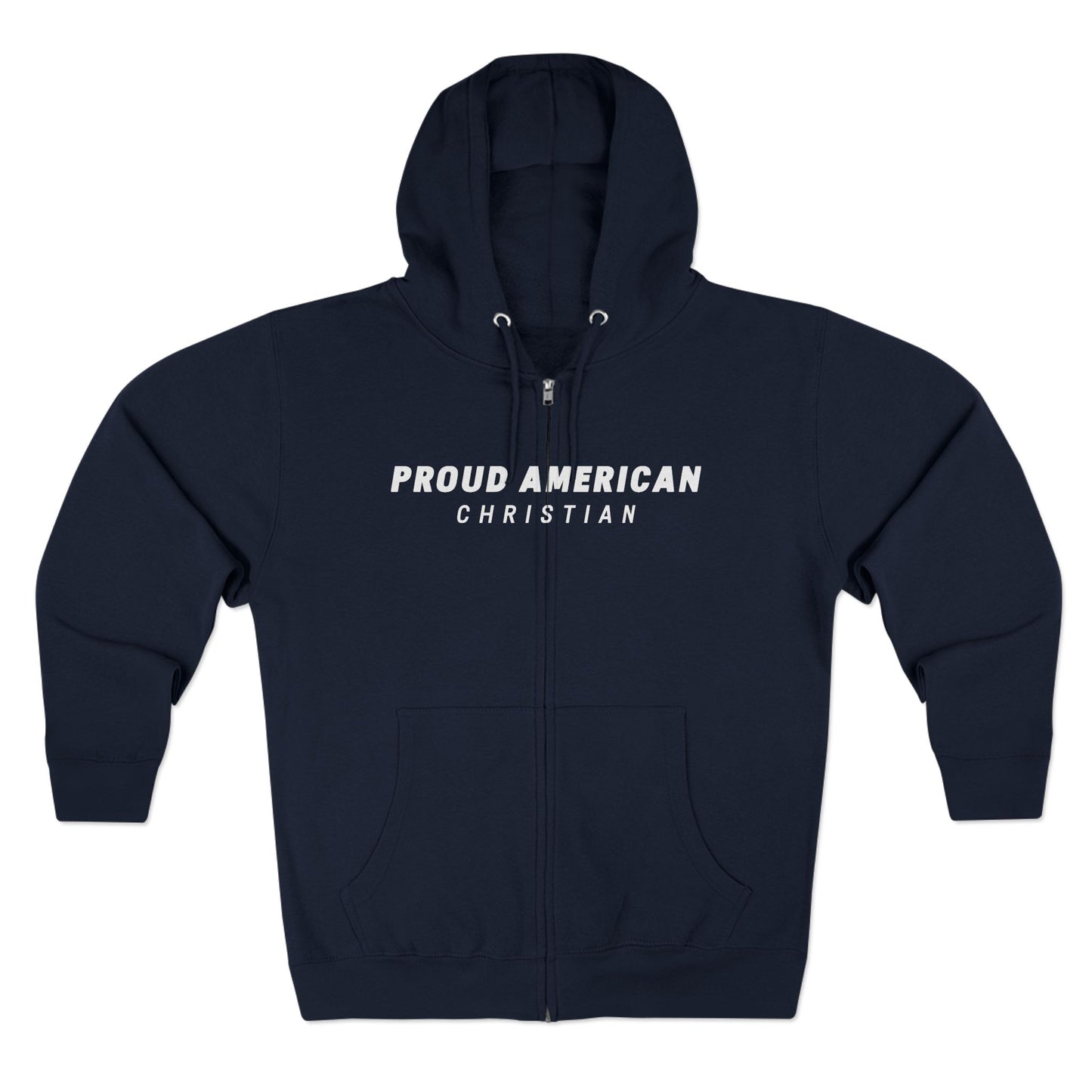 Proud American Christian Zip Hoodie — Distressed Flag Back Print