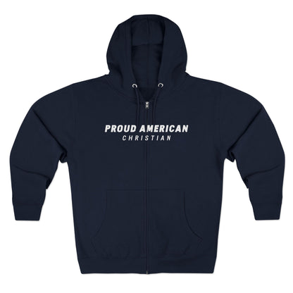 Proud American Christian Zip Hoodie — Distressed Flag Back Print